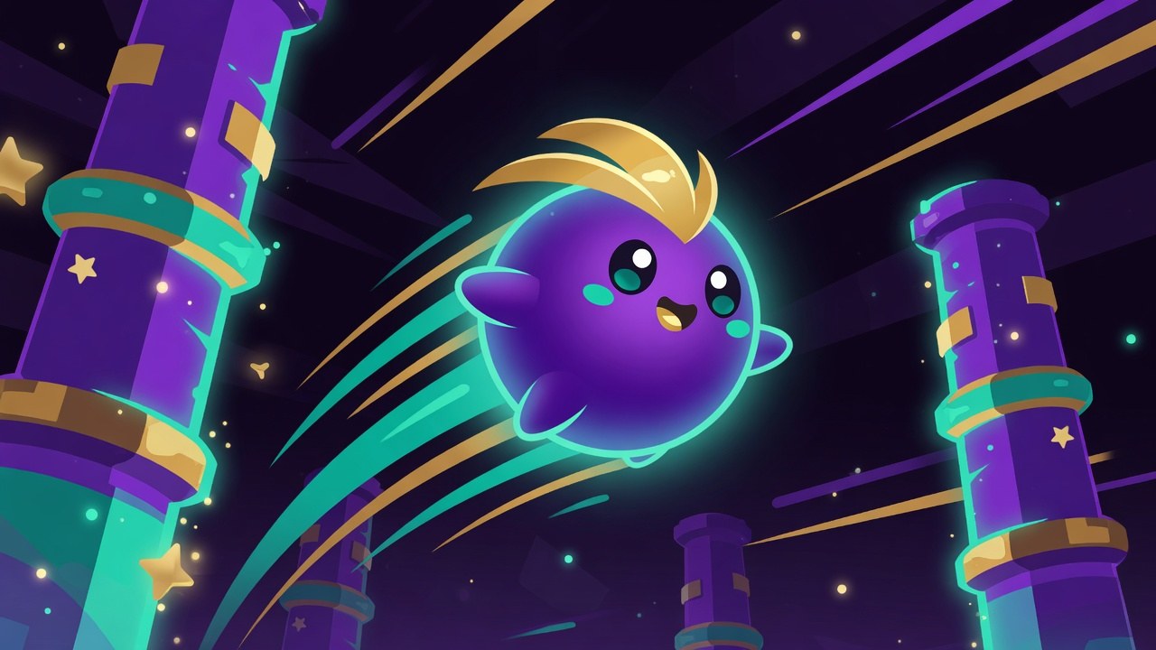 Pip, a round purple comet-bird with gold hair, soaring past glowing teal-and-purple pillars.