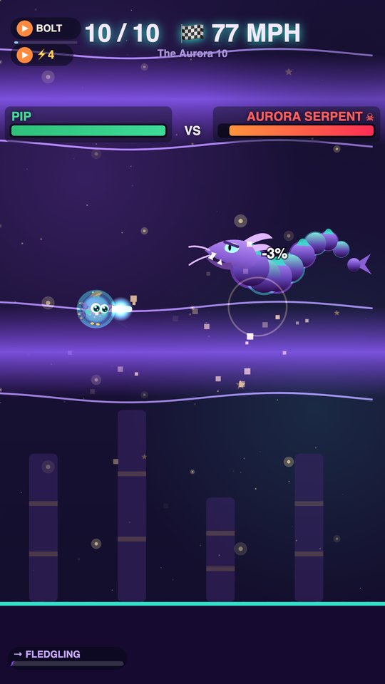 A boss fight in The Ascent — Pip versus a large serpent boss with health bars.