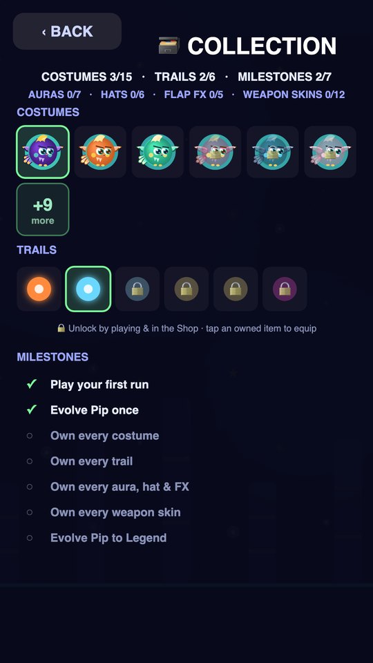 The collection screen showing unlockable costumes, trails and milestones.