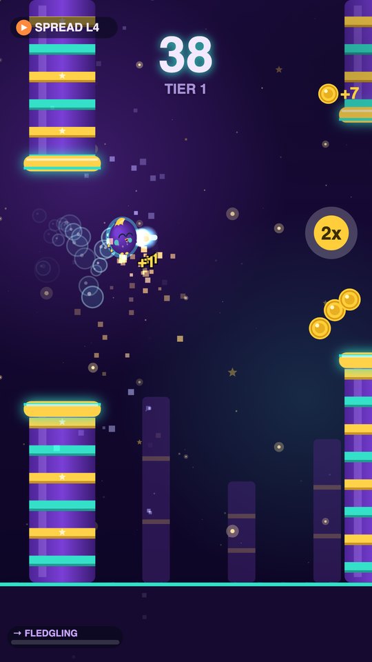 Endless mode: Pip flying past neon pillars, collecting coins with a 2x multiplier active.