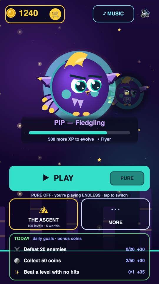 The evolution screen showing Pip's progression through escalating forms.