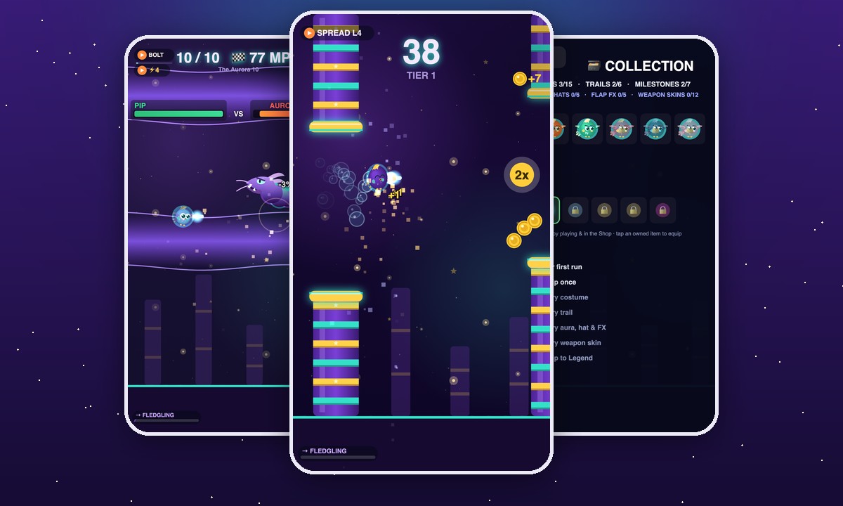 Three Comet Cadet gameplay screens — a boss duel, Pip flying past neon pillars while collecting coins, and the collection screen.
