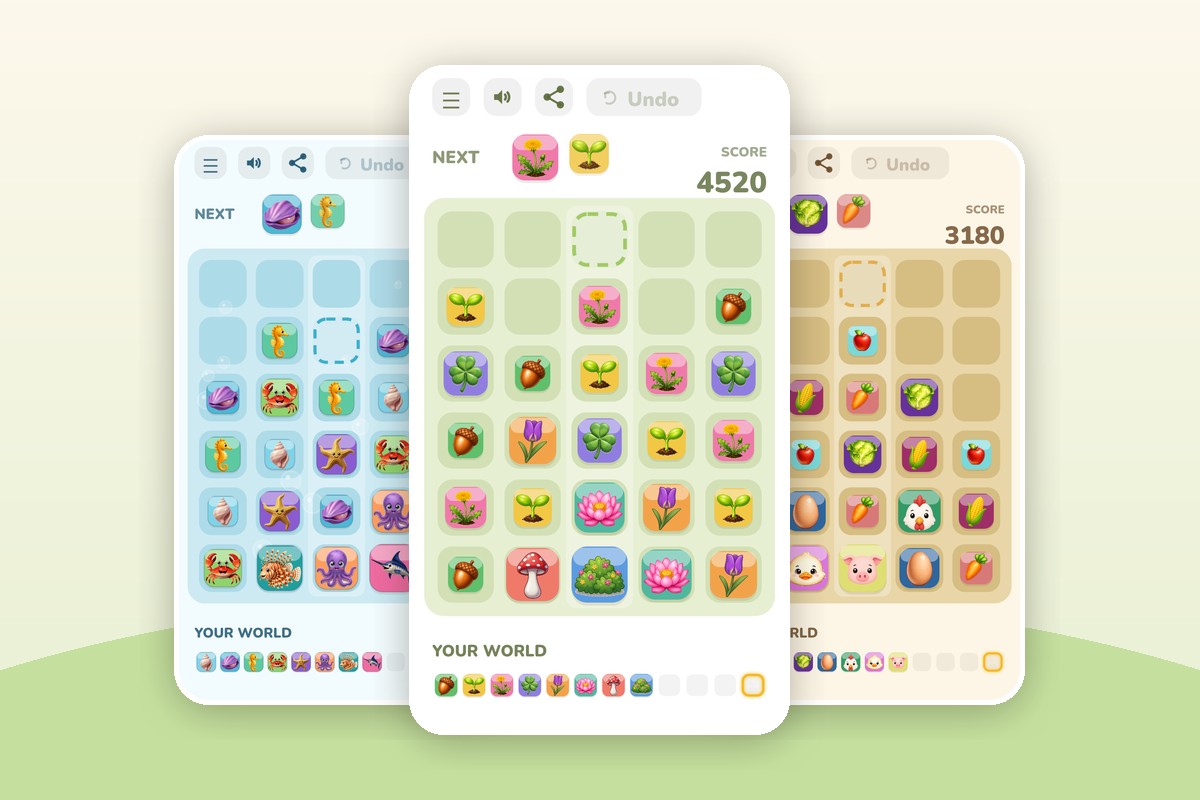 Three Falling Fields gameplay screens showing the ocean, plant, and farm themes — tiles merging on a grid with score and Your World progress.