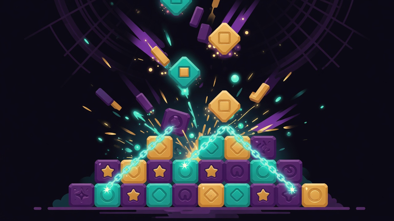 Colorful puzzle tiles tumbling down and merging into a glowing stacked pyramid.