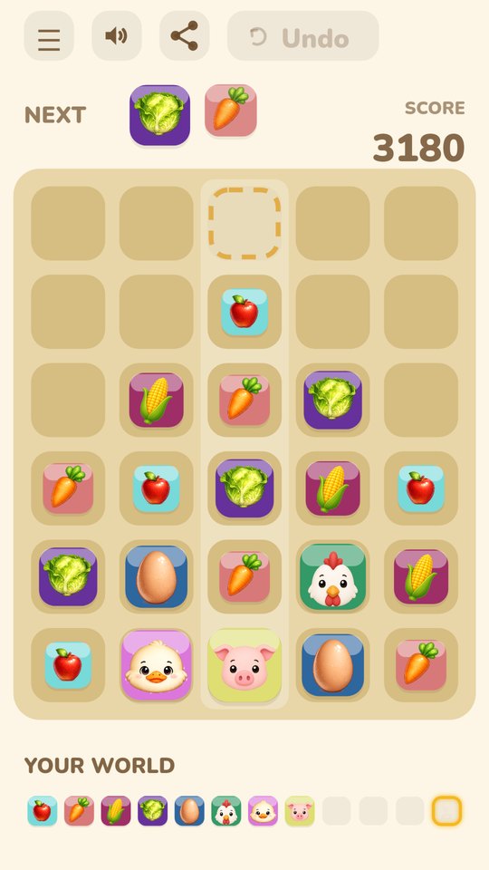 The farm world: apples, carrots, corn, eggs and chickens merged across the board.