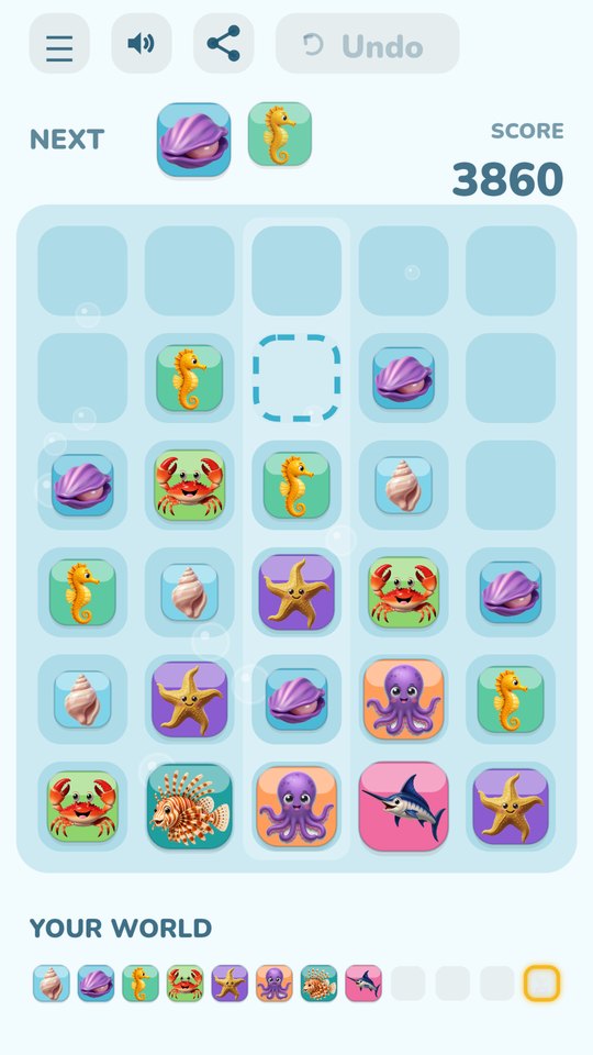 The ocean world: shells, seahorses, crabs and starfish on a cool blue board.
