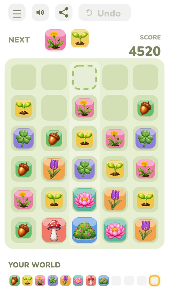 The plant world mid-game: sprouts, clovers and flowers merged on the board with the Your World ladder below.